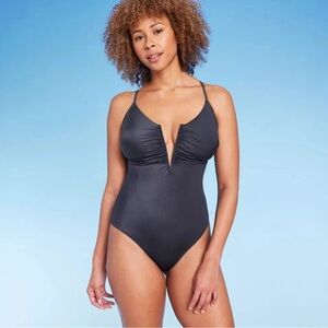Shade & Shore Black One Piece Swimsuit with Plunging V-Neckline
